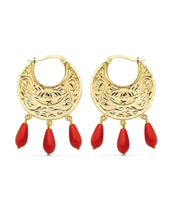 Aros Tallados Coralina Oro Amarillo 18 K 32 Mm<Alda Joyeros Outlet