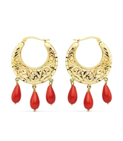 Aros Tallados Coralina Oro Amarillo 18 K 25 Mm<Alda Joyeros Best