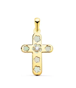 Cruz Plana Nacar Flor Oro Amarillo 18 Kilates 20 Mm<Alda Joyeros Clearance