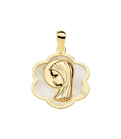 Medalla Comunion Oro 18K Virgen Niña Nacar Flor<Alda Joyeros Clearance